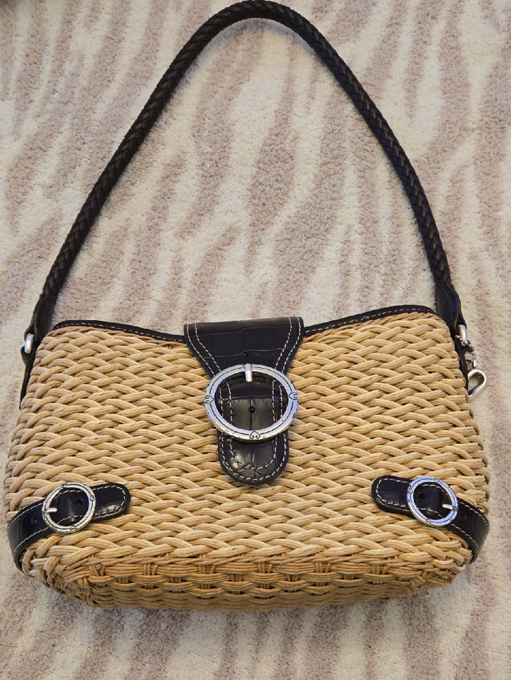 Woven Straw Shoulder Bag with Dark Brown Trim